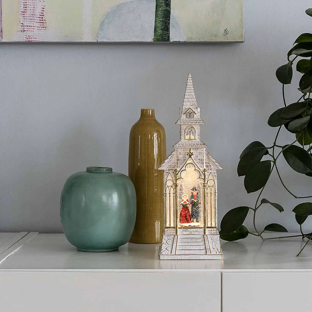 LJUS PRYDNAD JULKYRKA 33cm VIT - Ljusdekorationer för bord - 7318304366207 - 1