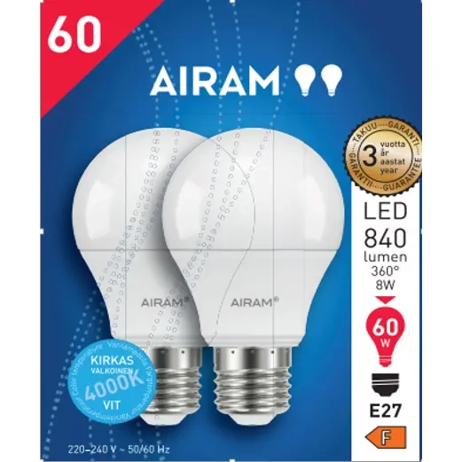 Airam Led 8W/840 E27 840lm 4000K Ljuskälla 2 st - E27 lampor - 6435200310873 - 1
