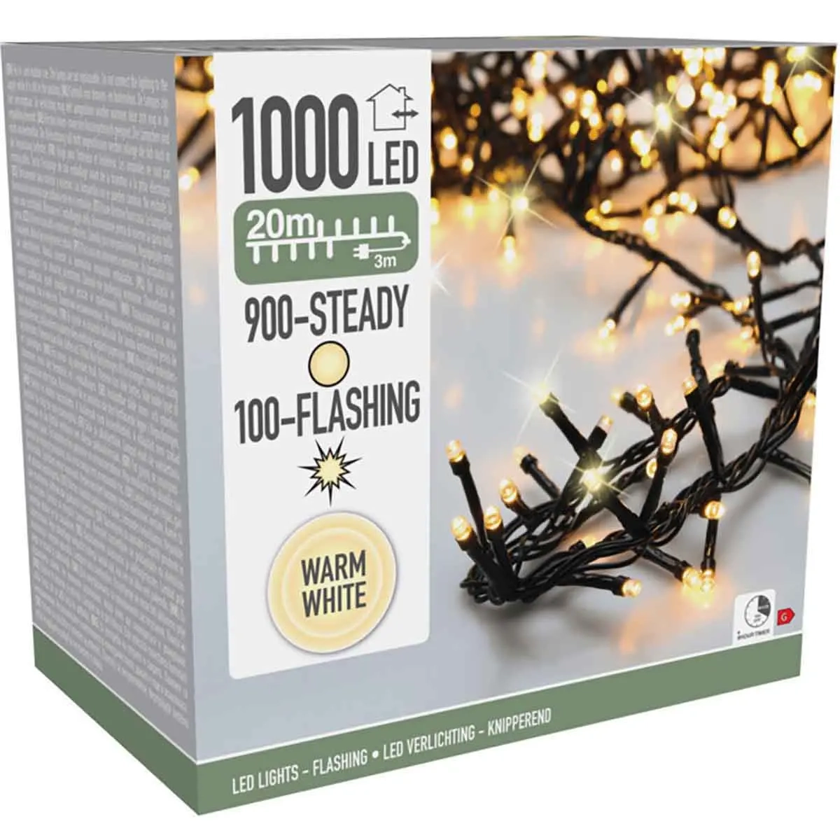 Blinkende LED-lyskæde 1000 LED 20 m - Lyskæde til udendørs brug - 8721037682268 - 1