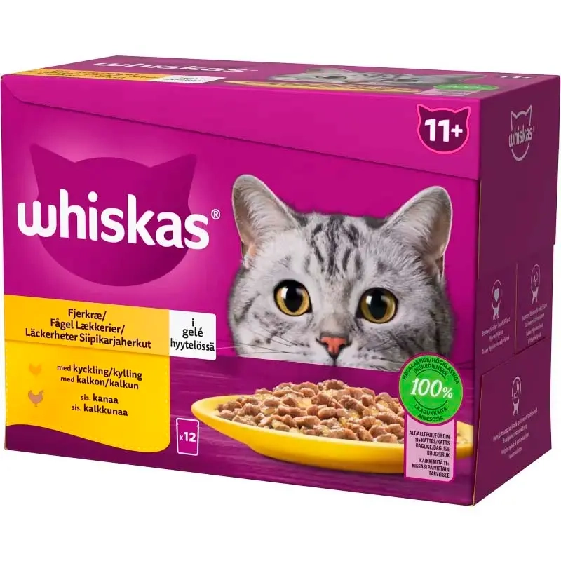 Whiskas 11+ 12x85g Fjäderfägodis i gelé - Våtfoder för katter - 3065890154964 - 0