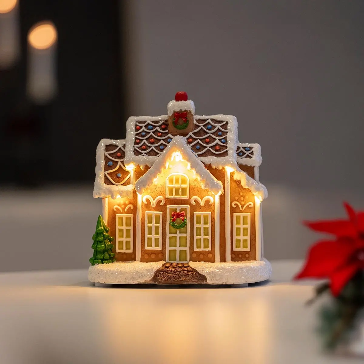 Peberkagehus med LED-lys 16,5 cm - Bord stearinlys dekorationer - 7318300027829 - 1