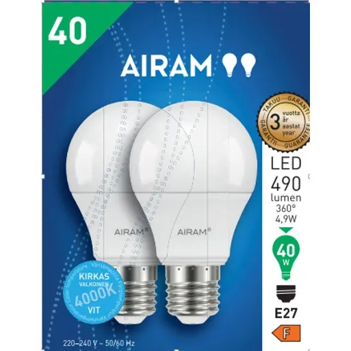 Airam led E27 4000K 4,9W 490lm 2stk - E27 lamper - 6435200310866 - 1