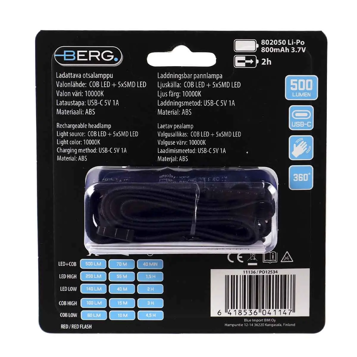 Berg genopladelig pandelampe 500lm - Forlygter - 6418536041147 - 5