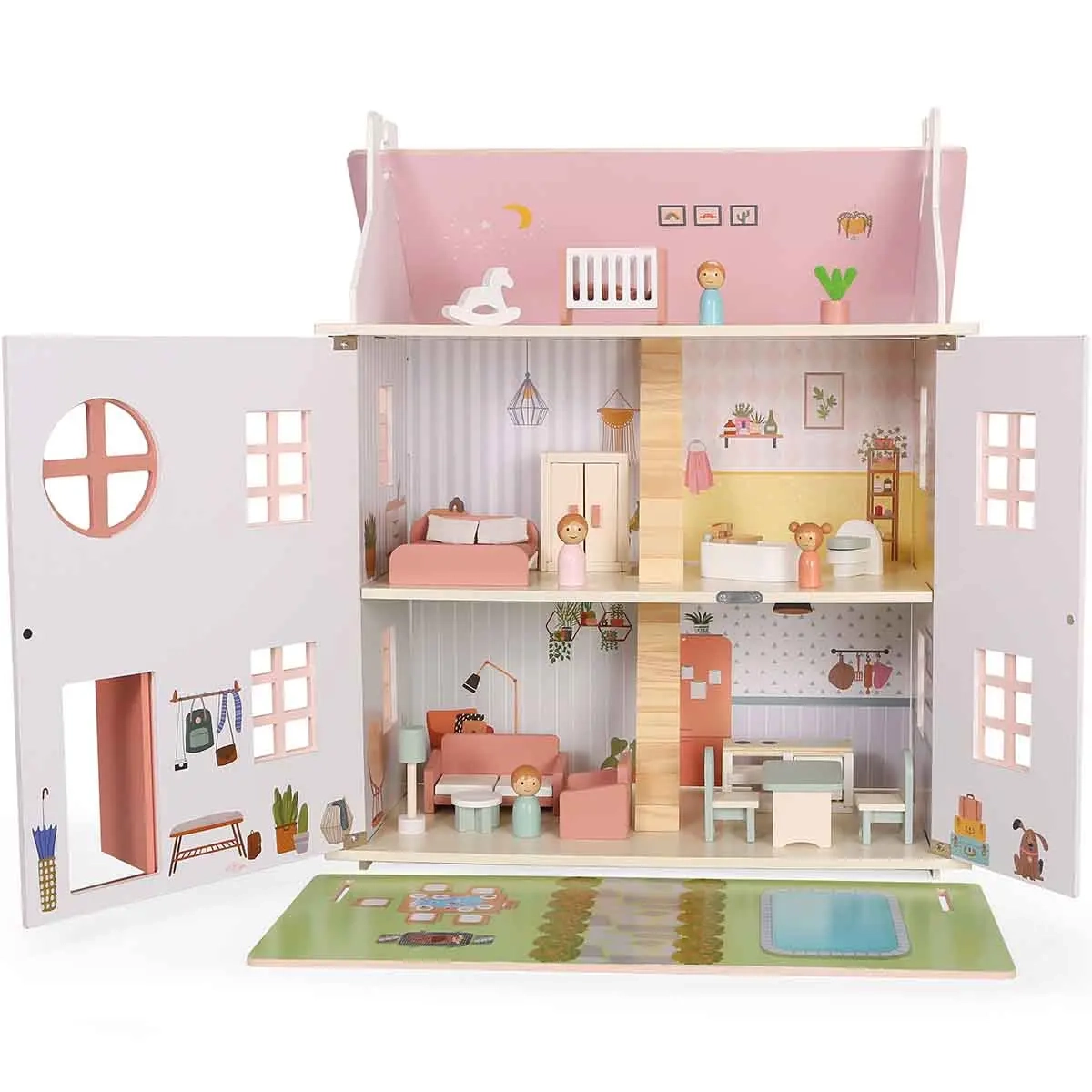 Dukkehus med møbler i træ 56x34,5x66 cm - Kreativt legetøj - 6410416564784 - 1