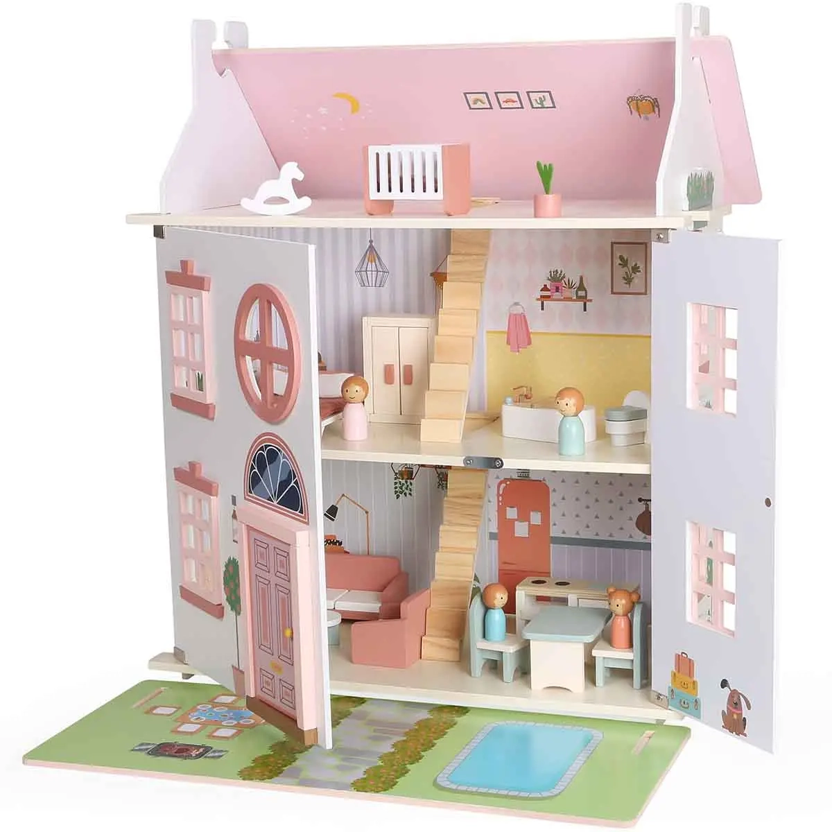 Dukkehus med møbler i træ 56x34,5x66 cm - Kreativt legetøj - 6410416564784 - 2