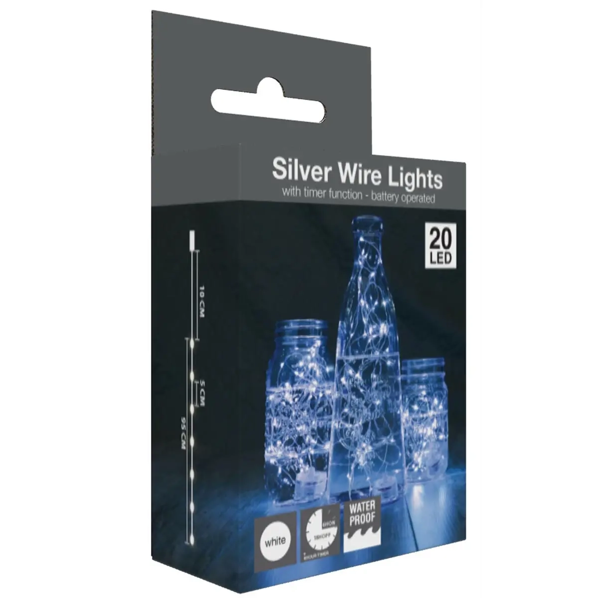 Lyskæde 20 LED sølvtråd hvid 95 - Batteri lys - 8721037164443 - 0