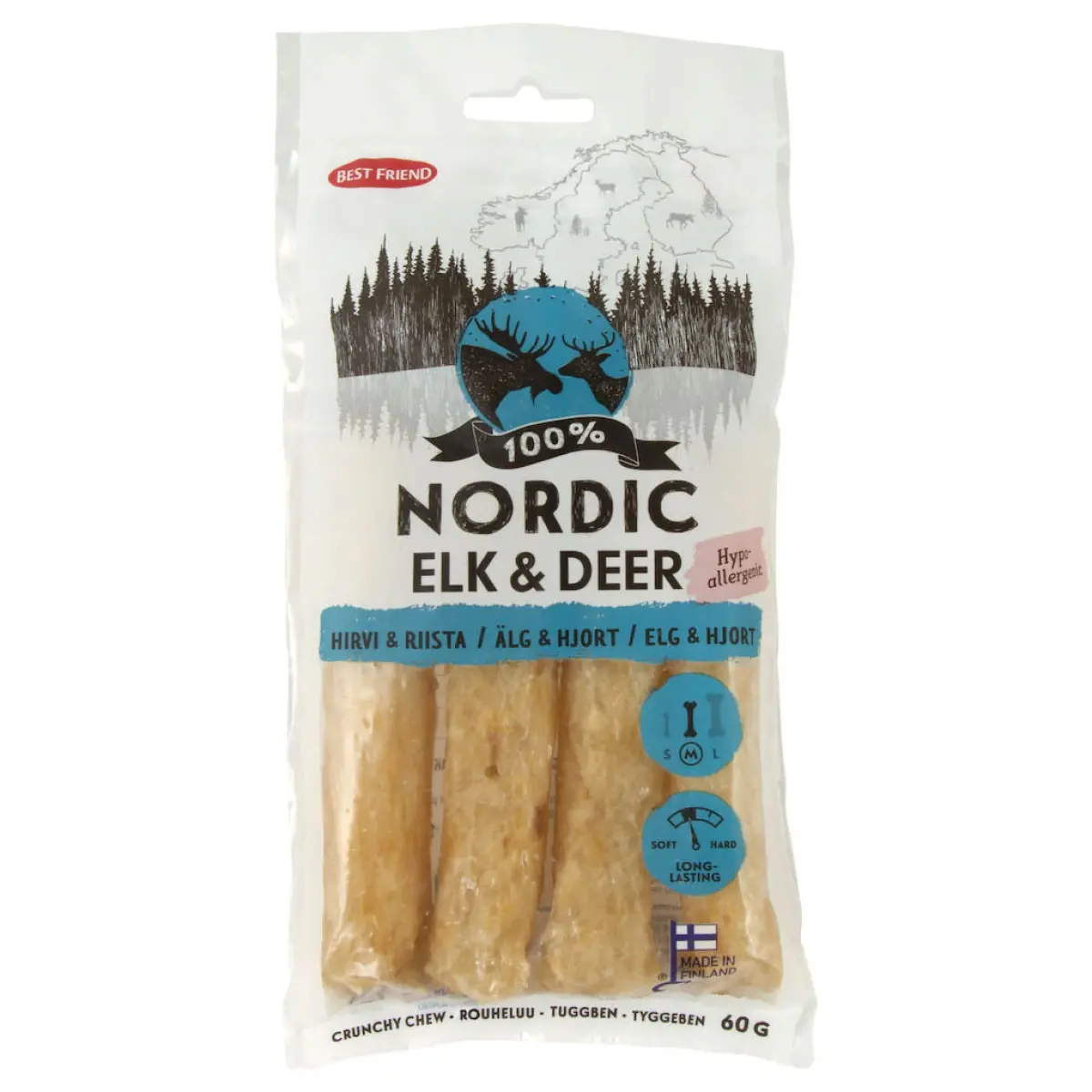 Tuggben Nordic älg och hjort 4st 60g - Tuggben, tuggpinnar och tuggrullar för hund - 5700551171376 - 0