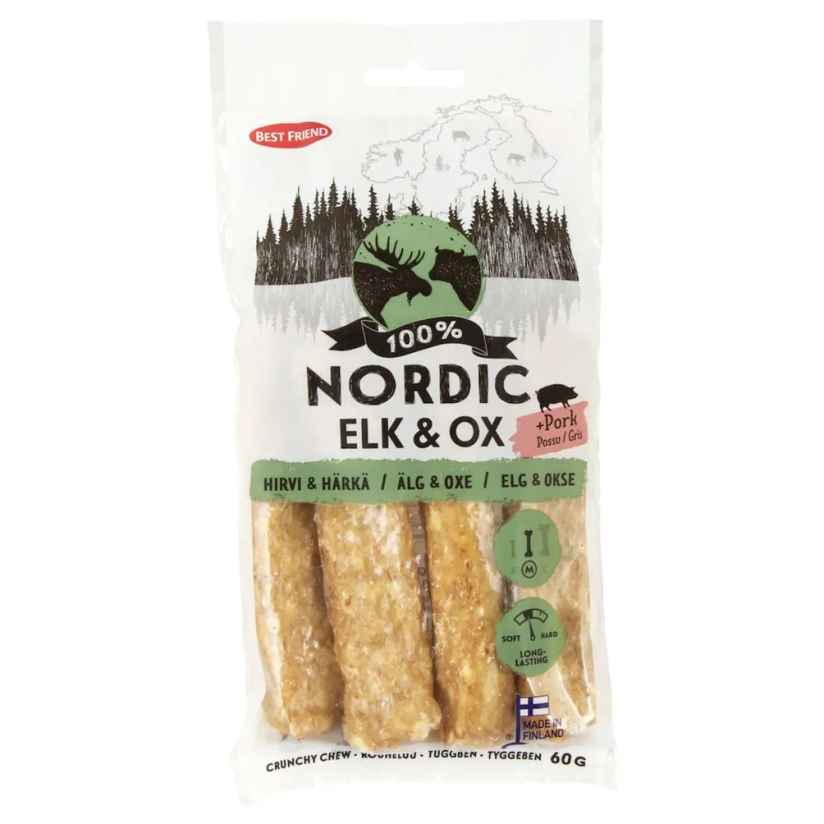 Tuggpinne Nordisk älg, oxe och gris 4st 60g - Tuggben, tuggpinnar och tuggrullar för hund - 5700551171383 - 0