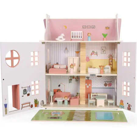 Dockhus med möbler i trä 56x34,5x66 cm - Kreativa leksaker - 6410416564784 - 1