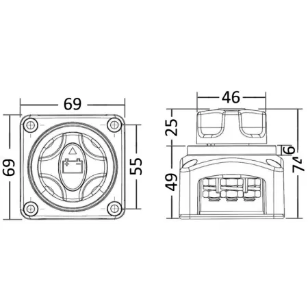 På-/afbryder 100A 1+2 12V 24V 230V 69x69mm - Båds elektriske installationsmaterialer - 8033137027932 - 1
