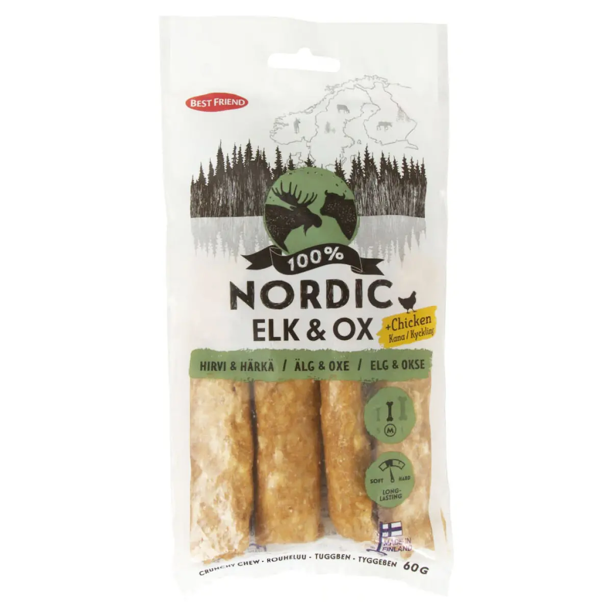 Tuggben Nordiska rådjur, oxe och kyckling 4st 60g - Tuggben, tuggpinnar och tuggrullar för hund - 5700551171390 - 0
