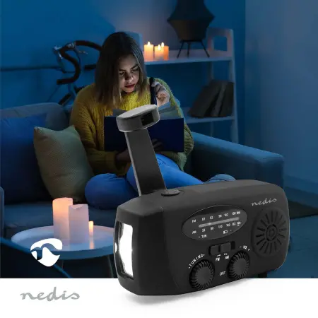 Nödradio Nedis AM/FM 2000 mAh med ficklampa - Stereo och klockradio - 5412810471447 - 1