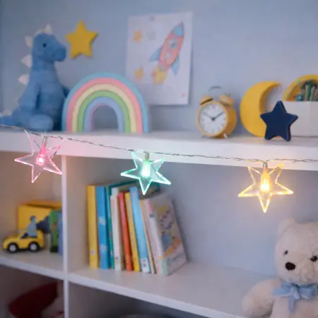 Valokæde Stjerne farverig 10 LED 1m - Batteri lys - 8721037086516 - 1